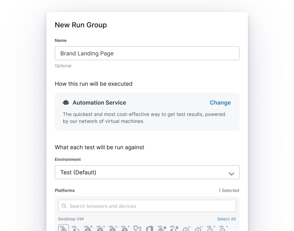 New Run Group modal before